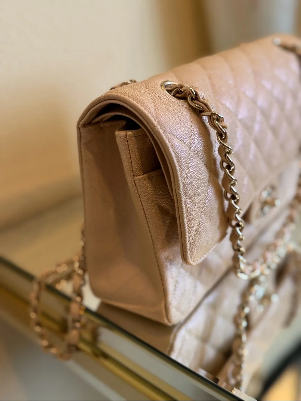CHANEL Quilted Double Flap Shoulder Bag in Light Beige with Gold Hardware